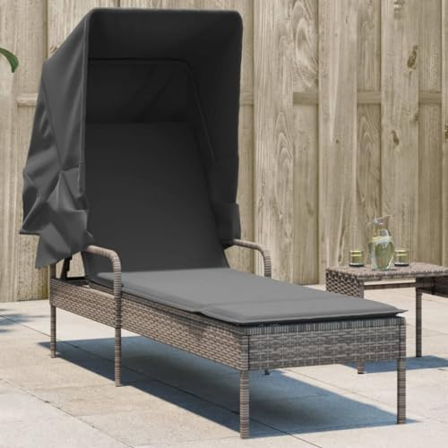 IKAYAA Sonnenliege mit Dach Grau Poly Rattan,Garten Liege,Balkon Liege,Relax Sonnenliege,Gartenliegen,Liegestuhl,Garten Liegestuhl