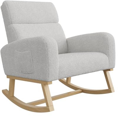 Lazyspace Sillón mecedora para relajarse, sillón balancín, sillón balancín, base de madera, con adhesivo antideslizante silencioso, 2 bolsillos laterales, lana de cordero, color blanco, 78 x 69 x 87