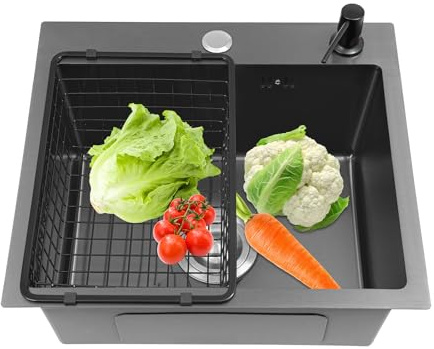 Fregadero individual comercial de acero inoxidable, 40 x 50 cm, pequeño, montaje en 3 compartimentos (bajo encimera/empotrable/accesorio), con escurridor y dispensador de jabón, escurridor