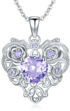 CRWENG Halskette mit Geburtsblume für den Juni 925 Sterling silber Anhänger in Rosenviolett geeignet als Hochzeits und Geburtstags geschenk Pflanzen schmuck Blumen schmuck(Mauve)