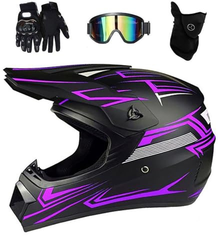 Youth Kids Fashion MTB Motocross Helmet, Full Face Off Road Street Motorbike ATV Scooter Helmets, Downhill Enduro BMX Quad Dirt Bike Crash Helmet, with Goggles Gloves Mask(Purple,L/56-57CM)