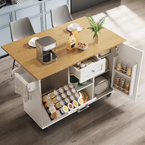 OOIILLEE Îlot de Cuisine Moderne, 142x(63) 40x87cm, Meuble de Cuisine avec Poubelle, Table à Manger multifonctionnelle avec Espace de Rangement, Chariot de Salle à Manger avec Porte-collation, Blanc