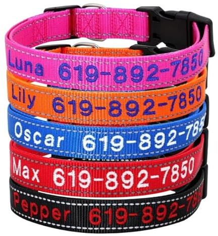 Personalisiertes Hundehalsband mit Name & Telefonnummer - Reflektierendes Gestickt Stickhalsband | Weiches, verstellbares Nylon | 5 Größen (XS-XL) für Kleine, Mittlere, Große Hunde