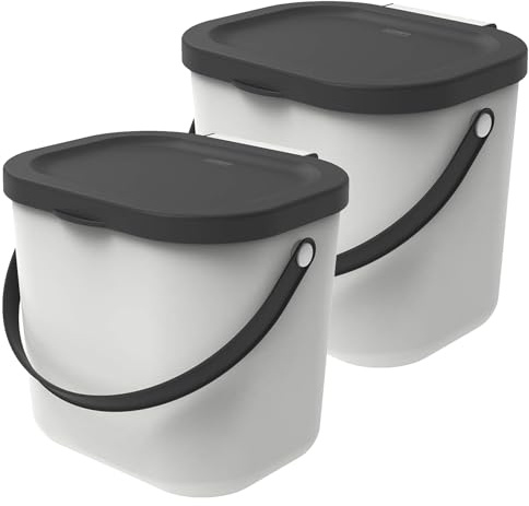 Rotho Albula Biomülleimer Küche 2er 6 L Bio Mülleimer Küche Creme/Anthrazit | Komposteimer Küche, dicht schließender Deckel, vollständig aufklappbar, Trageriemen, für Küchenabfälle, recycelter Kunststoff