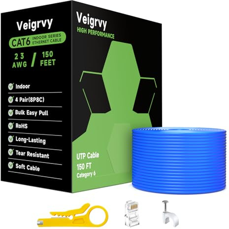 Veigrvy Cable LAN Cat 6 de 45M/150FT a granel, cable UTP Cat 6 CCA de 23 AWG 550 MHz con 10 conectores RJ45, cable de Internet de alta velocidad para cámaras- Azul