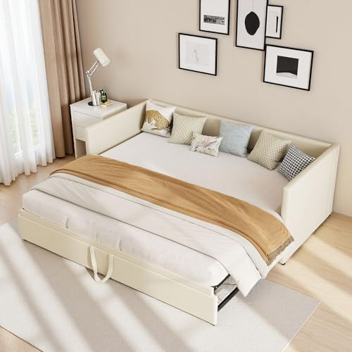 Yeutre Soffa 2-sits, 90/180 x 200 cm, soffa, konvertibel utdragbar säng med ribbotten, utdragbara sängar, sammetstyg, utan madrass (beige)