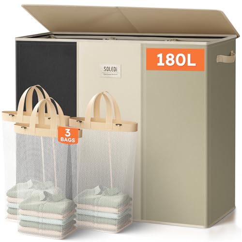 SOLEDI 180L Wäschekorb, Wäschesammler 3 fächer mit Deckel und 3 Wäschesack - Wäschesortierer Groß XXXL Für Badezimmer, Schlafzimmer, Wäschekammer, Kinderzimmer - 3 x 60L
