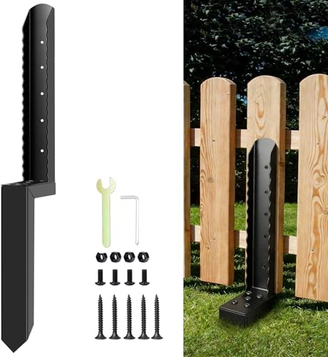 Thickened Fence Post Repair Kit, Heavy Duty Ground Spike, Fix Broken Wood Fence Post Support, for Tilted or Broken Wooden Fence Posts（1 Pack/Black)