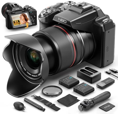 NBD 64MP & 5K Cameras for Photography, 16X Optical Zoom, 2.8-inch 180° Flippable Screen, WiFi Auto Focus Anti-Shake, 2 Batteries + Strap + 64GB Card for Vlogging, YouTube & Photography (Black)