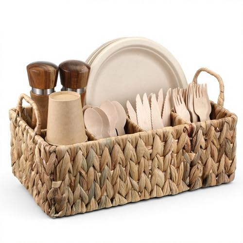 WLLHYF Wicker Party Silverware Caddy Kitchen flatware Organizer Water Hyacinth Cutlery Utensil Holder Hand-Woven Picnic Divided Storage Basket for Bathroom Kitchen Office Supplies Organization
