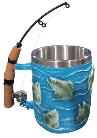 Fish Mug | Funny Fishing Rod & Reel Design Coffee Mug | Fisherman Tea Coffee Resin Cup with Comfortable Grip | Cool Christmas Fishing Gift for Fisherman Dad Husband