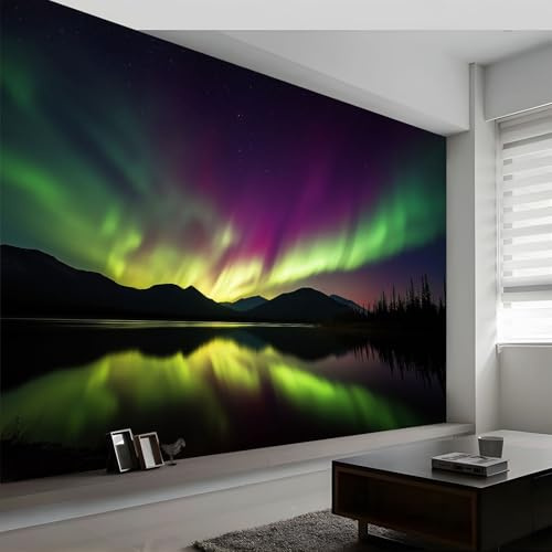 Papier peint panoramique aurore boréale surface lac montagnes, papier peint photographie de nature pour chambre salon salle à manger murale - Fond d'écran photo Moderne art mural 200L x 140H cm