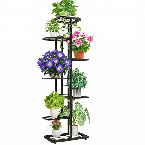 Garvee Soporte para Plantas de Metal, Estantería Esquinera 7 Niveles para 8 Macetas, Soporte para Macetas Interior/Exterior para Balcón, Patio, Jardín, Salón, Negro
