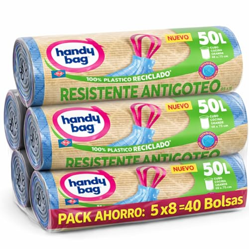 Handi Bag Bolsas de Basura 50 L Resistentes Antigoteo – Pack Ahorro 5 x 8 | 40 Unidades | Autocierre, 100% Reciclado | RASMACOR