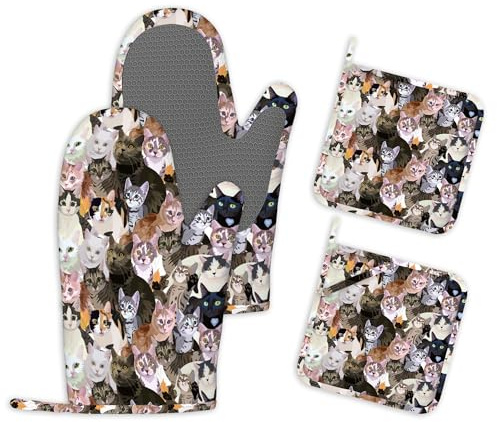 4er-Set Ofenhandschuhe und Topflappen Lustige Katzen rutschfeste Silikon Küchenhandschuhe Topfhandschuhe Hitzebeständig Grillhandschuhe Backofen Handschuhe zum Kochen Grillen und Backen