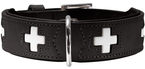 HUNTER Swiss Hundehalsband | weiches Rindnappaleder, mit Schweizer Kreuze, hochwertige Handarbeit, Made in Germany, Farbe: Schwarz, Größe: 55