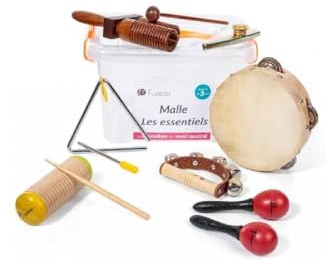 Fuzeau - Coffret « Les Essentiels » 7 Instruments De Percussion – Tambourin, Maracas, Wood Block, Grelots, Triangle, Clochettes, Castagnettes – Rangement Compact – Enfants Dès 3 Ans - Réf. 71483