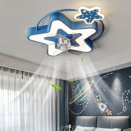 Caufloce Bambino Pale Da Soffitto Con Luce Reversibile Dc Dimmerabile Ventilatore Da Soffitto Con Luce E Telecomando Timer 6 Velocità Plafoniera Con Ventilatore Per Camera Dei Bambini-Blue Stars