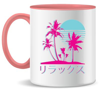 Forsca Vaporwave Aesthetic Neon Palms Taza de Cerámica Para Té y Café, 300ml, Mágica, Blanca, Rosa, Negra 330ml