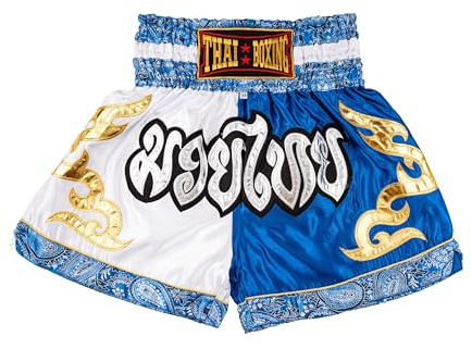 MUAY NATION Pantaloncini Muay Thai per Uomo e Donna, Pantaloncini da Boxe MMA dal Taglio Slim, Abbigliamento da Allenamento per Kickboxing (IT, Testo, L, Regular, Regular, Bianco/Blu)