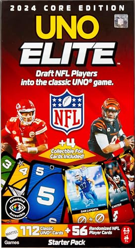 Mattel Games UNO Elite NFL kortspel, 2024 officiellt licensierad Core Edition med 4 samlarobjekt foliekort med lagspelare