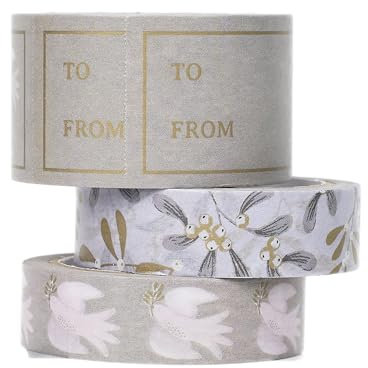 Talking Tables 3 x Gift Wrapping Tape Kit and Paper Rolls, White Mistletoe Paper Tape Wrap Kraft, Washi, Decorative Designs for Holiday Packing, Christmas, Crafting and Scrapbooking