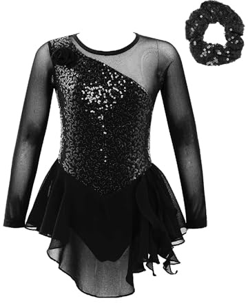 MSemis Vestito da Pattinaggio Artistico Bambine e Ragazze Abito da Danza Classica Maniche Lunghe con Paillettes Body Ginnastica Gonna in Tulle Costume da Danza Ballerina Nero 13-14 Anni