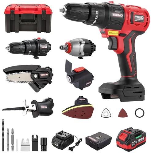 TEENO Brushless Power Tool Combo Kit, 6-in-1 Cordless Interchangeable Multi-Tool Set (Drill, Impact Wrench, Oscillating Tool, Reciprocating & Chain Saws, Sander), 3Ah Battery, USB Adapter & Hard Case