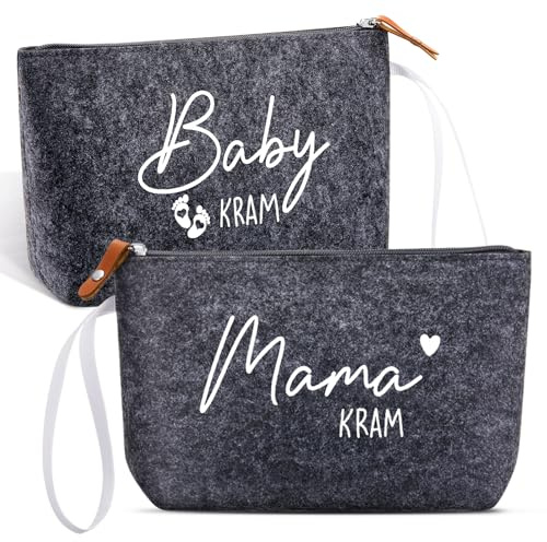 Xuniea 2 Stück Geschenke für Werdende Mütter Schwangere, Dunkelgrau | Kosmetiktasche aus Filz mit Reißverschluss Filztasche für Mama Schwangerschaft Geschenk zur Geburt für Neue Mama Babyparty