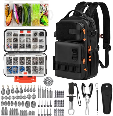 THKFISH Set di attrezzi da pesca da 462 pezzi, zaino e scatola da pesca con attrezzi da pesca, inclusi escha, ganci, piombo, set di accessori, pinze, pinze per labbro, attrezzatura da pesca e regalo
