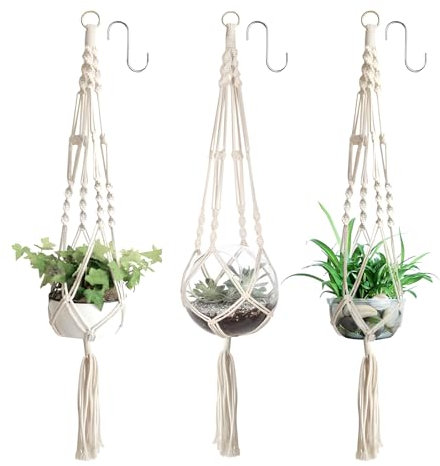 LUMOOM 3 vasi per fiori macramè, decorazione bohémien, in corda di cotone, da appendere all'interno, per piante, per interni, esterni, balconi, giardini, finestre