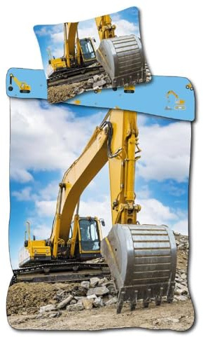 Baby Bettwäsche Kran Bagger LKW Baustelle 100x135 cm, 100% Baumwolle