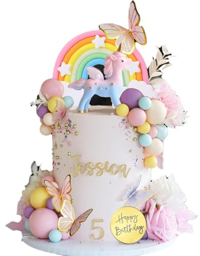 Unicorn Rainbow Cake Decorations, Unicorn Cake Toppers whth Butterflies Happy Birthday Banner Rainbow Arch Colorful Ball Artificial Dried Flower, Birthday Party Supplies for Girls Boys Kids