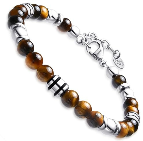 Dada Gioielli - Herrarmband i natursten, 6 mm, Onyx, sodalit, tigeröga, svart obsidian, röd jaspis, turkos - mycket starkt armband, Taglia Unica, Rostfritt stål, Ingen ädelsten