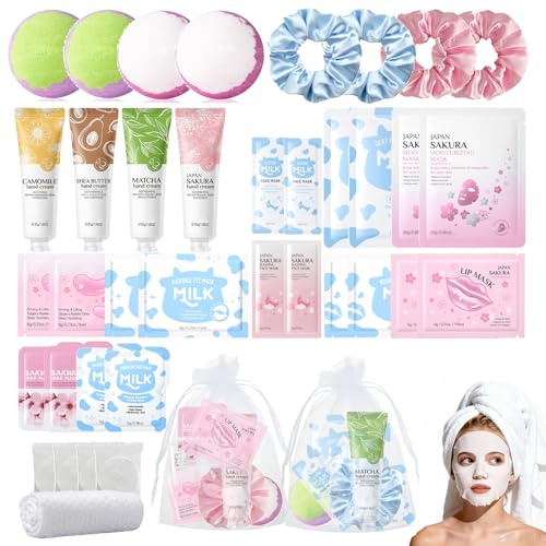 40PCS Sleepover Party Supplies for Girls – Sakura & Milk Pamper Skincare Gift for Spa Days & Birthday - Travel Kits Gift Packs with Face Masks, Lip & Eye Masks, Hand Cream, Bath bombs - Pamper Gift
