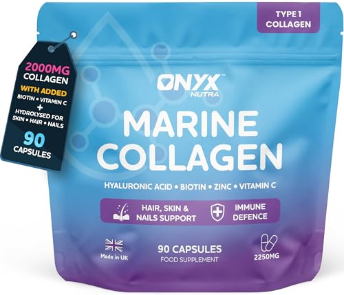 Marine Collagen Capsules 2000mg – Type 1 Hydrolysed Fish Collagen Peptides with Hyaluronic Acid 150mg, Biotin & Vitamin C | Hair Skin Nails & Joint Support Supplement for Women & Men | 90 Capsules