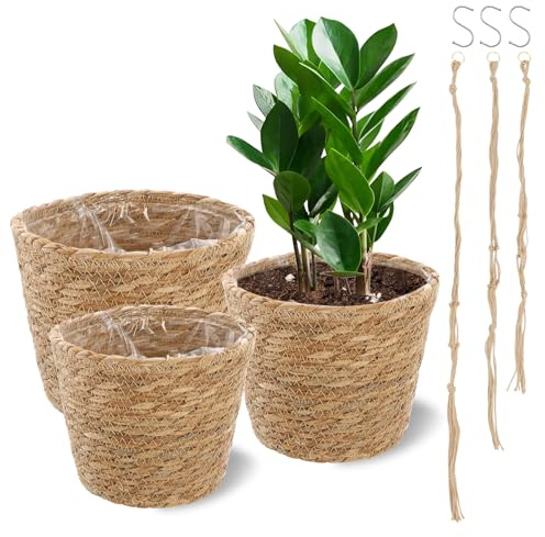 Mulaibdin 3 macetas trenzadas, macetas redondas de ratán con macramé, macetas de hierba marina natural con uso para interior, exterior, balcón, hogar, jardín decoración