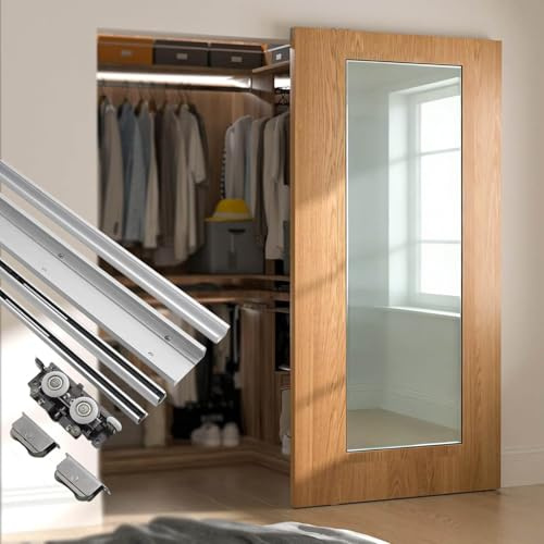 Kit Porte Coulissante Kit de Rail pour Porte Coulissante Sans Rail et Miroir, Quincaillerie de Porte à Fermeture Amortie Invisible, Rail de Porte de Grange en Aluminium(48in/122cm)