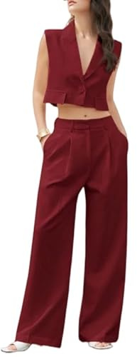 LCDIUDIU Conjunto 2 Piezas para Mujer, Verano, Blazer Corto Sin Mangas, Chaleco, Pantalones Pierna Ancha Cintura Alta, Conjunto Casual Ajustado para Trabajo, Oficina, Fiesta, Traje Rojo S