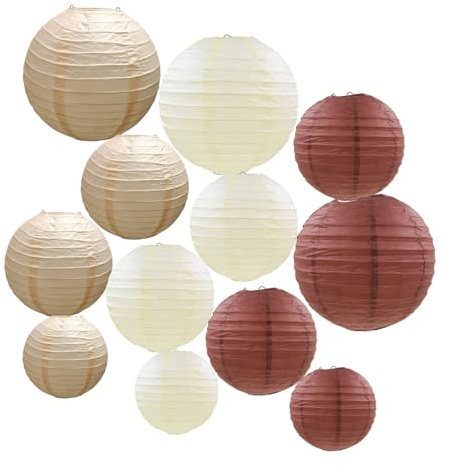 Lanterne Di Carta AUEJACKY 12 Pezzi Lanterna Di Carta Rotonde Da Appendere, Multicolore Lanterne Cinesi, 15/20/25 CM, Per Decorazioni Di Matrimoni, Compleanni, Feste Ed eventi. (crema marrone)