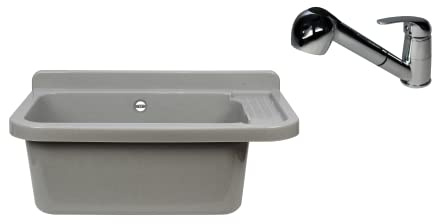 Waschbecken Ausgussbecken mit Armatur 59 cm x 34 cm x 21 cm Spülbecken Waschtrog mit Überlauf Waschbecken für Gewerbe Waschraum Garten inkl. Ablaufgranitur