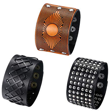 Cupimatch 3PCS Lederarmband Herren Breit Schwarz Braun Geflochten Punk Rock Leder Armband Verstellbar Armreifen Weihnachten Geschenke für ihn