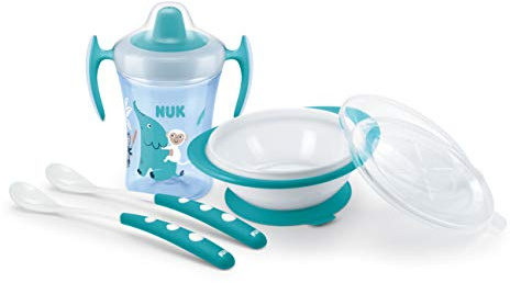 NUK Kindergeschirr Set mit Trainer Cup Trinklernbecher | Ess-Lernschale mit 2 Deckel & Baby Fütterlöffel (x2) | 6+ Monate | Blau