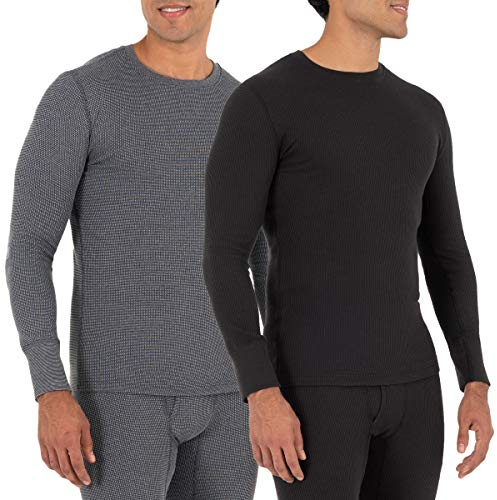 Fruit of The Loom Men's Recycled Waffle Thermal Underwear Crew Top (1 and 2 Packs), XX-Large, Black/Greystone Heather