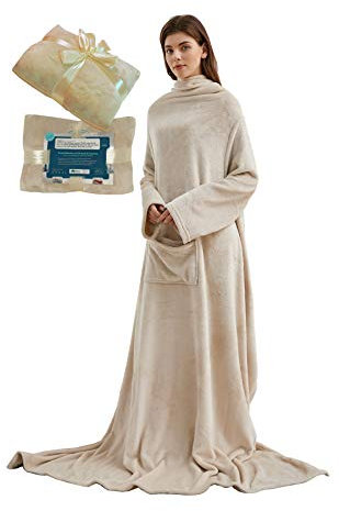 Lucadeau Kuscheldecke mit Ärmeln, Geschenke für Frauen zu Weihnachten, Geburtstagsgeschenke für Mama, anziehbare Decke 150x200 cm (Sand)