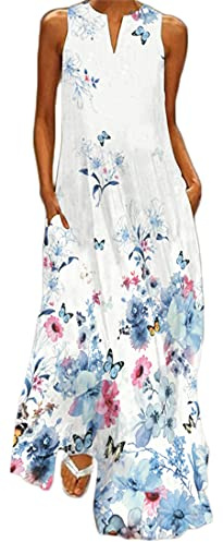 WINKEEY Vestido Maxi para Mujer Estampado Floral Mariposa Bohemio Vestido de Verano con Bolsillos Sin Mangas Talla Grande, Flor Azul 3XL