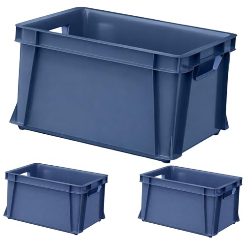 ARTECSIS® 3 x Kunststoffkiste 29L (stapelbar) blau - Transport & Lagerbox (41x34x24cm) - Aufbewahrungsbox & Lagerkiste aus stabilem Kunststoff - Ordnungsbox & Transportkiste Garten & Werkstatt