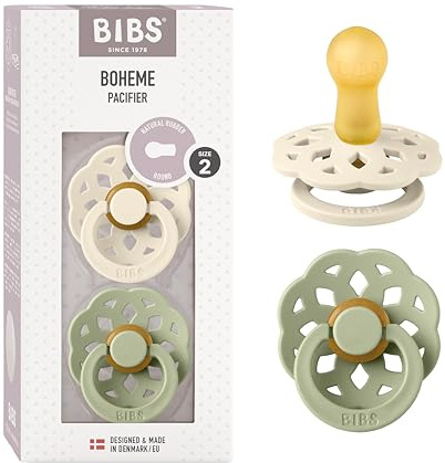 BIBS Boheme Schnuller 2er-Pack. BPA-frei., Kirschform Nippel. Naturkautschuk / Latex, Hergestellt in Dänemark. 6-18 Monate (2er Pack), Ivory / Sage