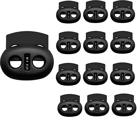 TrySalar 12 Pack Spring Loaded Plastic Round Double Holes Stoppers Cord Ends Fastener Oval Toggle Locks for Drawstrings Shoelace Backpacks Paracord Crafting Camping Hiking or Lanyards (12)