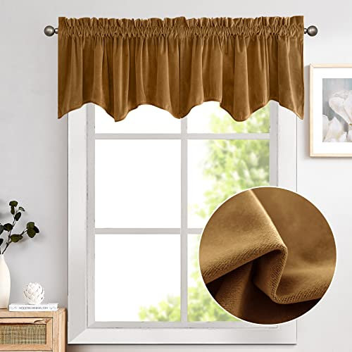 Lazzzy Samt Volant Gold gewellter Volant Gardinen Vorhang für Schlafzimmer Wohnzimmer Fenster 45,7 cm lange Volants wellenförmig kleiner Fenstervorhang Samt Volant Stangentasche 1 Panel Gold